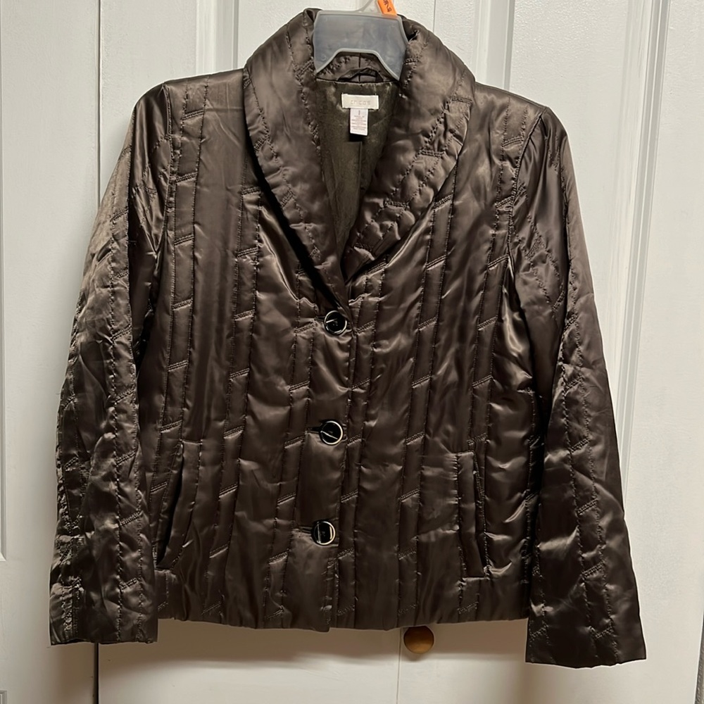 Chico’s Shiny Satin Brown Pocket Quilted Jacket Size 1 / M